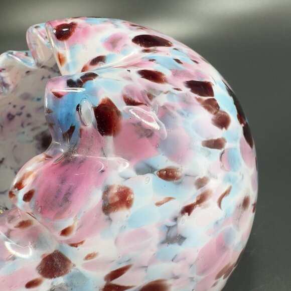 Czech Art Glass Rose Bowl Dish Hand Blown Multicolor Spots Bowl Ruffled Edges - Picture 7 of 14